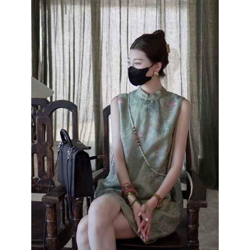 Phong Cách Trung Hoa Mới Phong Cách Trung Hoa Cải Tiến Váy Sườn Xám Xanh Nữ Mùa Hè Cao Cấp Cảm Giác Sang Trọng Người Nổi Tiếng Emb