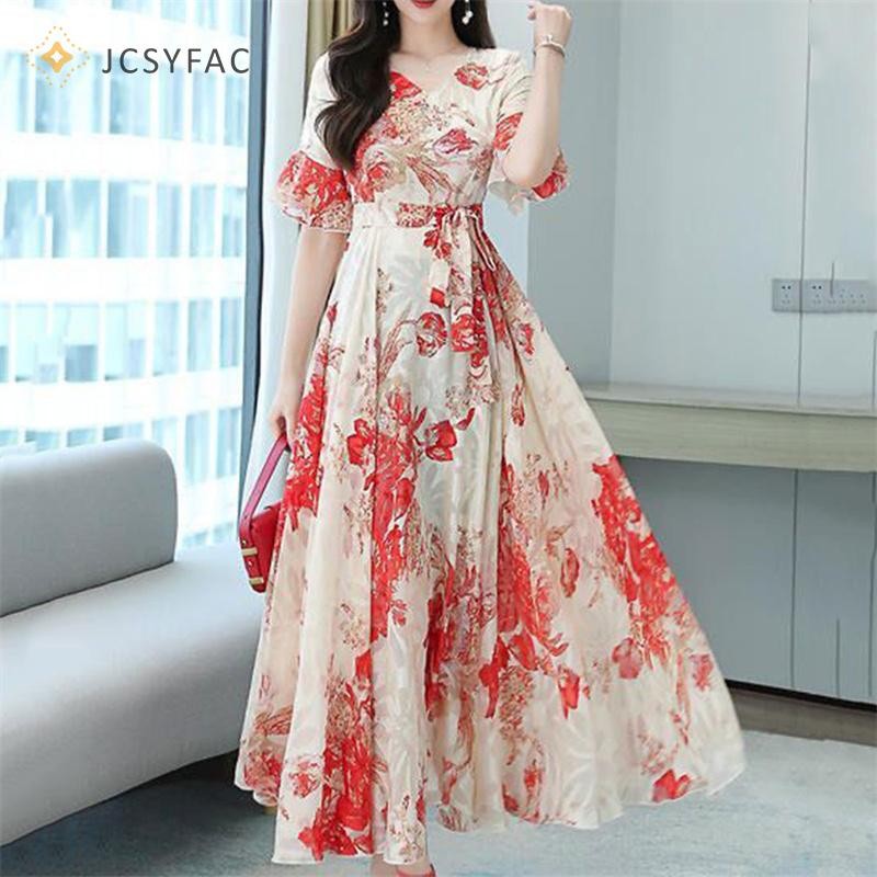 Jcsyfac 2022 Thanh Lịch Nữ Plus Kích Thước Boho Đi Biển Đầm Maxi Hoa Voan Midi Sundress Mới