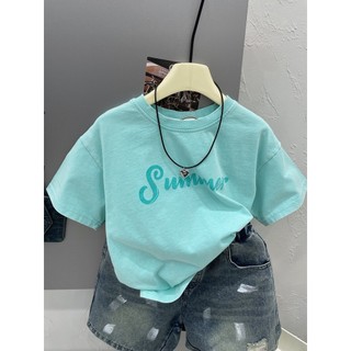 Mùa Hè Trẻ Em Cotton Nguyên Chất Áo Thun Ngắn Tay Bé Trai Đẹp Trai Bạc Hà Xanh Phiên Bản Hàn Quốc Chữ Đơn Giản Cổ Tròn Top