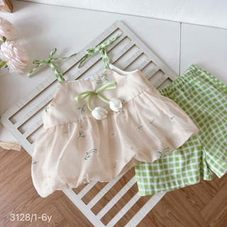 [8-26kg] Set Bộ Hè 2 Dây Đính Hoa Tuylip Chất Tơ Mềm Cho Bé Gái