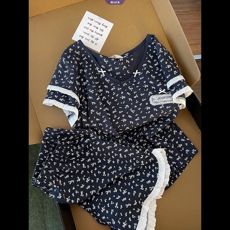 Bộ đồ ngủ ren hoa ngọt ngào Nữ mùa hè có miếng lót áo ngực Quần Short ngắn tay Bộ đồ mặc nhà [BL]