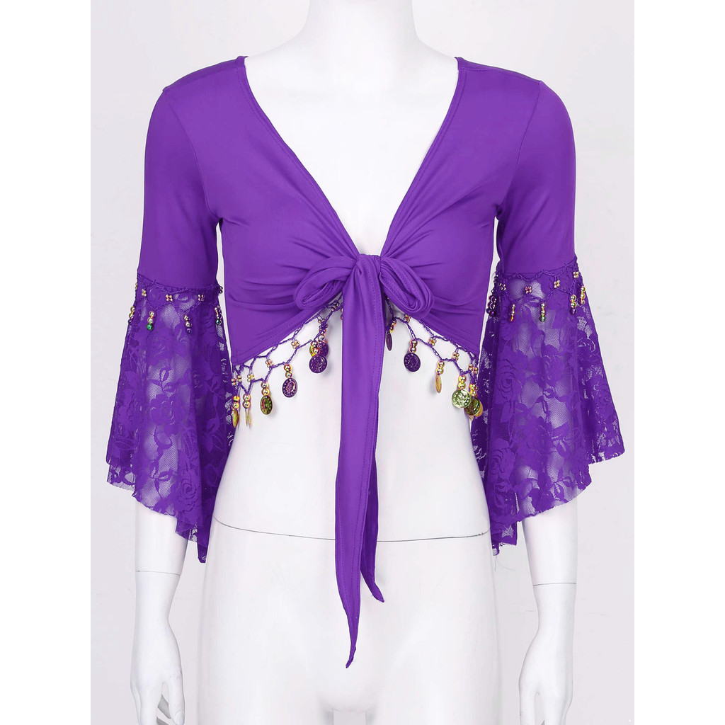 YOOJOO Nữ Bụng Khiêu Vũ Trang Ren Chắp Vá Ba Phần Tư Tay Pháo Sáng Chuông Hạt Tua Rua Ren-Up Khăn Choàng Crop Tops Cardigan