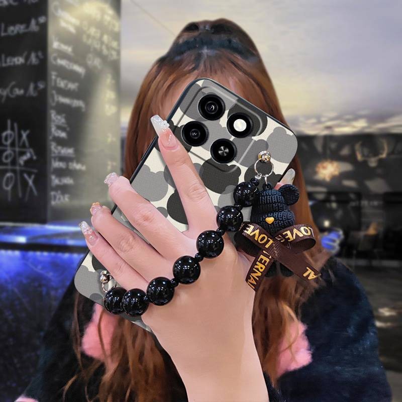 Ốp Điện Thoại Silicon Dễ Thương Cho ZTE Blade A35 / A55 Mặt Dây Chuyền Ngọc Trai Đen Chống Thấm Nước Hoạt Hình Ốp lưng Vòng Tay Gấu Cảm Giác Thân Thiện Với Da Vỏ Bảo Vệ Chống Va Đập Đơn Giản
