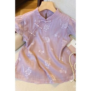 Mùa Hè Mới Nữ Họa Tiết Hoa Áo Sơ Mi Voan Phong Cách Trung Hoa Cổ Qipao Tay Ngắn Thời Trang Top