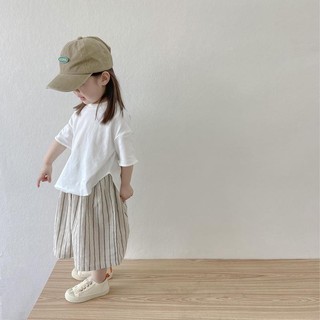 Mùa hè Phong Cách Mới Bé Gái Phù Hợp Với Sọc Quần Ống Rộng Bé Gái Áo Thun Tay Ngắn Màu Trắng Bộ Đồ Hai Mảnh