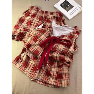 Nhật Bản Ins Bộ Đồ Ngủ Kẻ Sọc Đỏ Nữ Mùa Hè Bật Lên Mỏng Suspender Quần Short Hai Mảnh Homewear [BL]