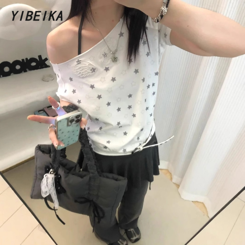 YIBEIKA Đường Phố Mỹ Đeo Vai Ngắn Tay Nữ In Hình Ngôi Sao Gợi Cảm