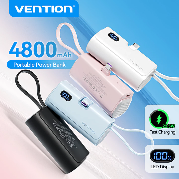 Sạc dự phòng Màn hình LED Vention 4800mAh PowerBank có sạc nhanh 22,5W, Pin sạc dự phòng Loại Lightning có thể gập lại cho iPhone16 pro max / Đồng hồ / Tai nghe