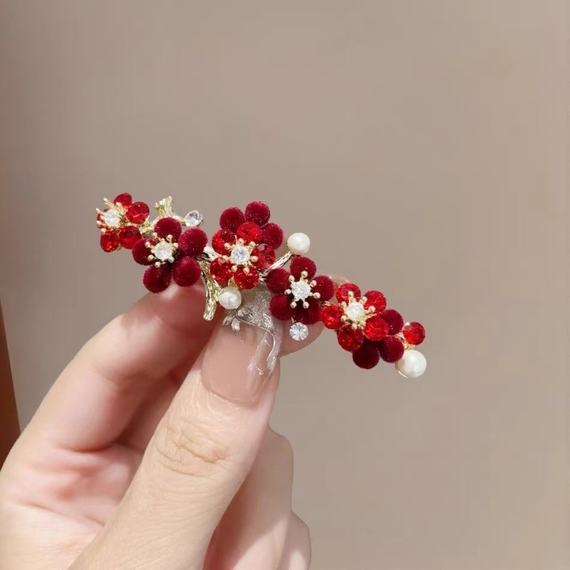 MAUROPOLI Kẹp tóc hoa đỏ cổ điển sang trọng, nửa mảnh, hoa hồng, kẹp đuôi ngựa bên hông nữ