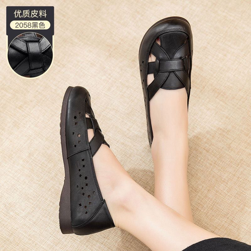 Bò Tendon Da Thật Chính Hãng Lỗ Đế Mềm Trung Niên Người Cao Tuổi Nữ Dép Rỗng Mẹ Mùa Hè Phẳng Thoải Mái Thoáng Khí 25.1.12