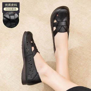 Bò Tendon Da Thật Chính Hãng Lỗ Đế Mềm Trung Niên Người Cao Tuổi Nữ Dép Rỗng Mẹ Mùa Hè Phẳng Thoải Mái Thoáng Khí 25.1.12