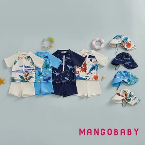 Mg-baby Bé Trai Bộ Đồ Bơi Mùa Hè In Hình Dễ Thương Dây Kéo Tay Ngắn Rash Guard Và Bơi Quần Và Mũ Đồ Bơi Đi Biển
