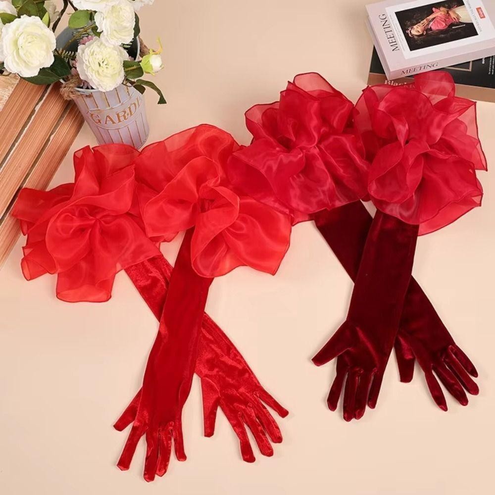 Găng tay cô dâu cưới dài hoa Organza nhung thanh lịch, co giãn, đầy đủ ngón tay, dự tiệc cưới