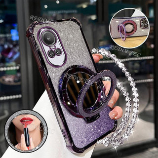Ốp lưng OPPO Reno 10 10Pro 10 Pro + 5G Vỏ lấp lánh Gradient mới có gương trang điểm Giá đỡ từ tính OPPO Reno10 Pro + Bảo vệ ống kính có giá đỡ dây buộc Vỏ điện thoại chống sốc