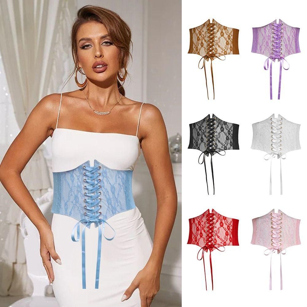 Thắt lưng Corset ren ESSENCEH, Thắt lưng thêu hoa lụa rộng co giãn, Thắt lưng cơ thể giảm béo bằng da PU co giãn thời trang DIY cho váy Quần áo hàng đầu
