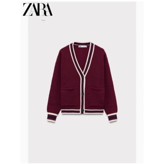 Áo Zara made in Morocco len cadigan đỏ đô viền trắng - nữ