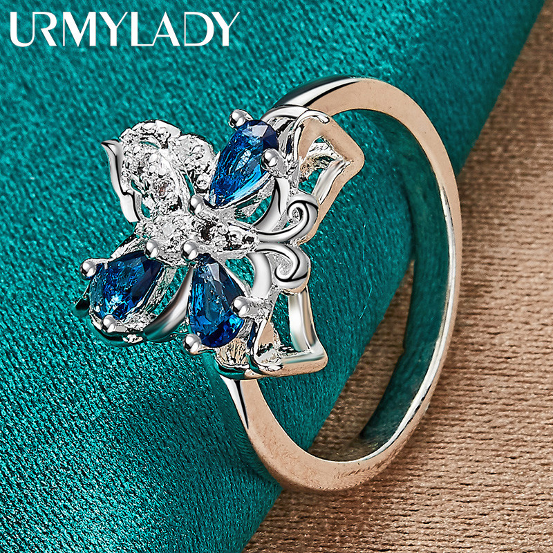 URMYLADY Bạc 925 Bướm Xanh Zircon 7-10 # Nhẫn Nữ Trang Sức Quyến Rũ Thời Trang