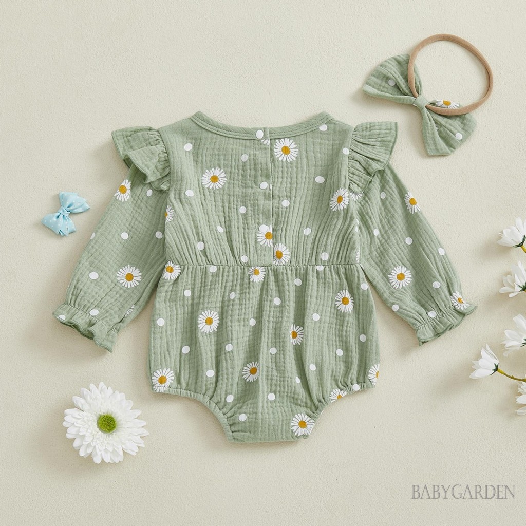 / / -Baby Girl Fall Bubble In hoa cúc Áo liền quần cổ tròn dài tay có băng đô