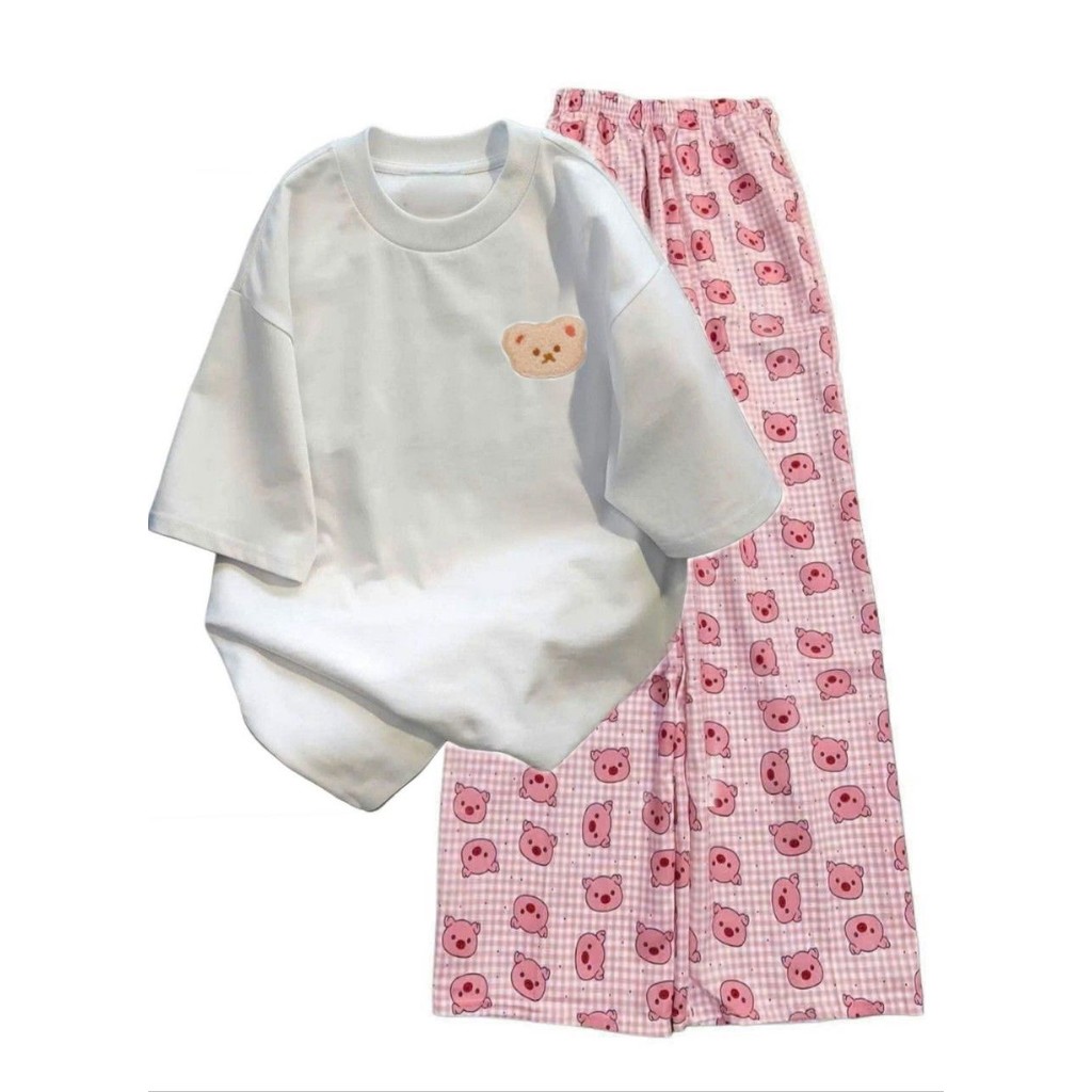 Tổng hợp các sét bộ đồ quần HOẠ tiết hoạt hình + mix áo phông form rộng - in gấu dâu ngực