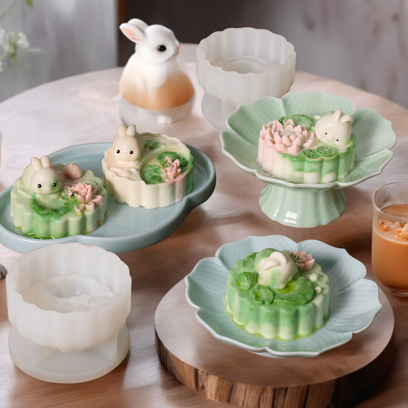 Lotus Rabbit Bánh Trung Thu Mousse Khuôn Silicon DIY Tết Trung Thu Da Tuyết Bánh Trung Thu Kem Thạch Pudding Khuôn