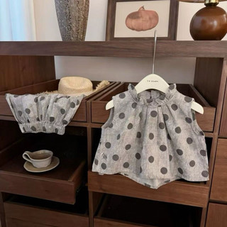 Mùa Hè Phong Cách Mới Nguyên Chất Cotton Cô Gái Chấm Bi Áo Phù Hợp Với Bé Gái Thời Trang Không Tay Quần Hai Mảnh Phù Hợp Với