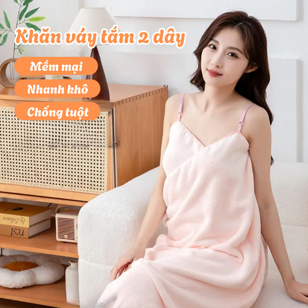 Khăn Tắm Dạng Váy 2 Dây Có Thể Điều Chỉnh, Váy Tắm Nữ Vải Bông Lông Cừu San Hô Siêu Thấm Hút