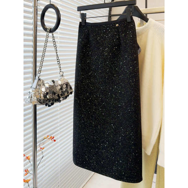 ▲ chân váy sequin ▲ váy bling bling Hạng Nặng Mịn Sáng Mùa Đông Cao Cấp Váy Len Nữ Phía Sau Chia Bước Hông Dài Vừa