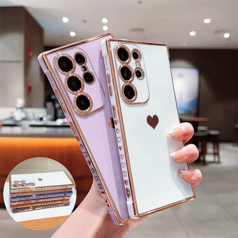 Ốp Mạ Sang Trọng Cho Samsung Galaxy S25 S24 S23 S22 Ultra Plus S24 S23 S21 S20 FE Love Heart Side Pattern Vỏ Điện Thoại Chống Sốc