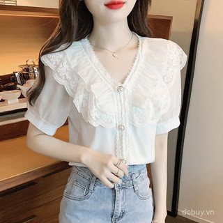Áo sơ mi voan trắng mới mùa hè, cổ chữ V, tay ngắn phồng, ren xù thời thượng