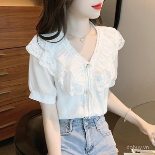 Áo sơ mi voan trắng mới mùa hè, cổ chữ V, tay ngắn phồng, ren xù thời thượng