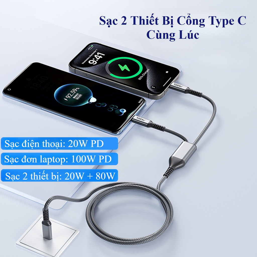Dây Cáp Sạc Nhanh 2 TRONG 1 - Gồm 2 cổng type C - Hỗ trợ 100W PD - 1.2 mét - Bảo hành 6 tháng - Hanashop