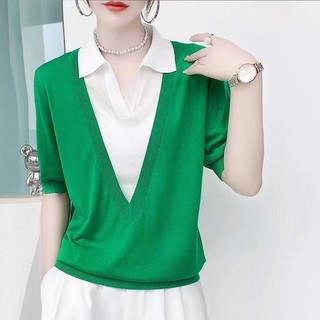 Áo thun ice silk tay ngắn màu sắc tương phản, thiết kế giả hai mảnh khâu rời, phù hợp mọi cuộc gặp gỡ
