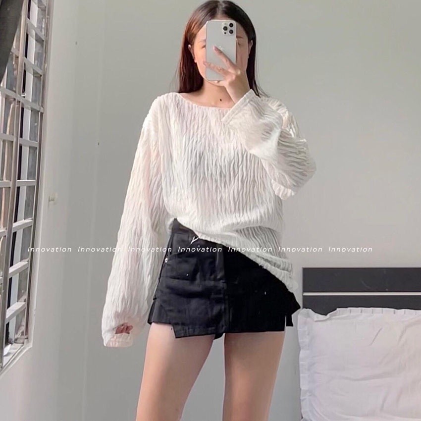 Áo Lệch Vai, Áo Thun Gân Sóng Dài Tay Vải Mềm Form Rộng Cổ Tròn, Thiết Kế Basic Dễ Phối Đồ