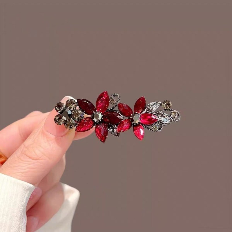 MAUROPOLI [Sẵn Sàng] Phụ Kiện Tóc Đỏ Năm Mới Kim Cương Giả Cao Cấp Hoa Kẹp Tóc Nữ Nổ Bên Kẹp Ếch Khóa Kẹp Phẳng