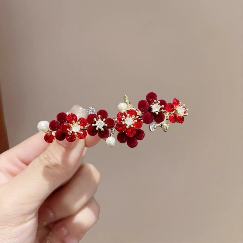 MAUROPOLI Kẹp tóc hoa đỏ cổ điển sang trọng, nửa mảnh, hoa hồng, kẹp đuôi ngựa bên hông nữ