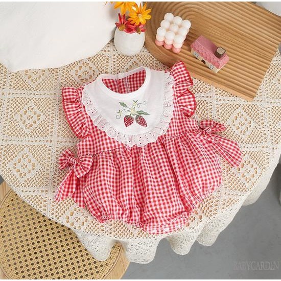 / / -Bộ Áo liền quần kẻ sọc ren chắp vá họa tiết anh đào cho bé gái sơ sinh