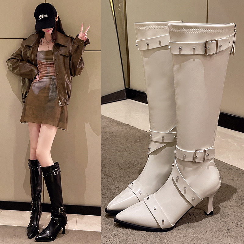 Mùa Thu Đông Phong Cách Mới Đinh Tán Thắt Lưng Khóa Giày Cao Giày Nữ Mũi Nhọn Thời Trang Stiletto Co Giãn Giày Bốt Mỏng