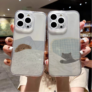 Kawaii Sleep Dog Cat Cặp Đôi Cho IPhone 16 15 14 Plus 13 12 11 Pro Max Mini X XS XR Vỏ Điện Thoại Trong Suốt Hoạt Hình Động Vật