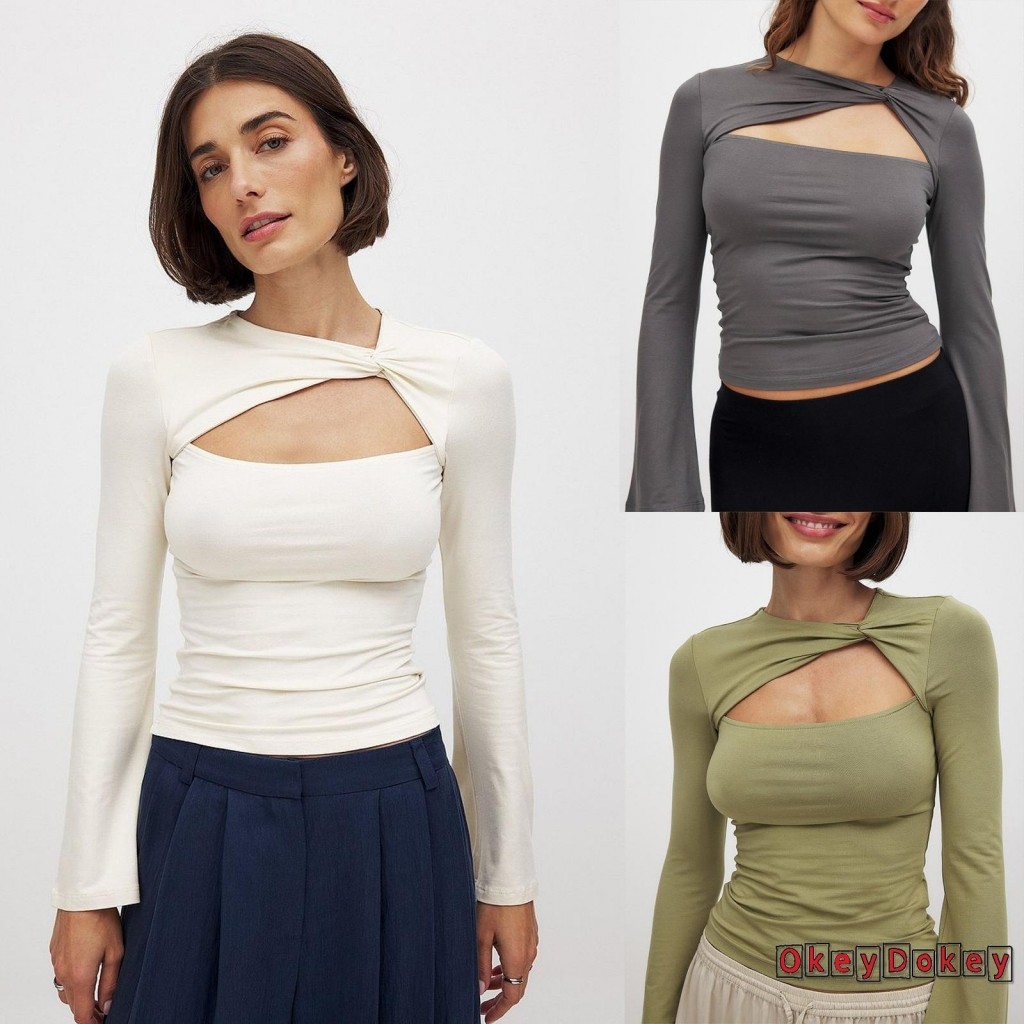 Okdk-áo thun mỏng mùa hè dành cho nữ màu trơn Twist Cutout Áo thun dài tay phía trước