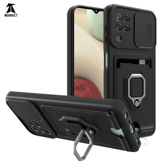 Dành Cho Samsung Galaxy A12 Ốp Lưng 4 Trong 1 Trượt Camera Bao Đựng Thẻ Đứng Vuông Freebie Dây Chống Sốc Chống Rơi Mỏng Mềm TPU Cover