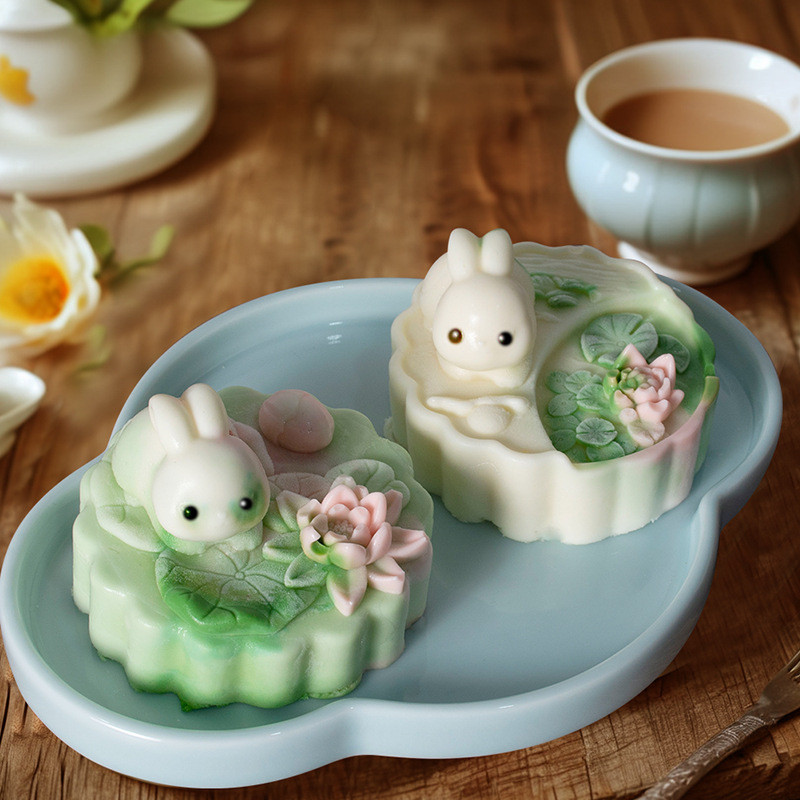 Lotus Rabbit Bánh Trung Thu Mousse Khuôn Silicon DIY Tết Trung Thu Da Tuyết Bánh Trung Thu Kem Thạch Pudding Khuôn