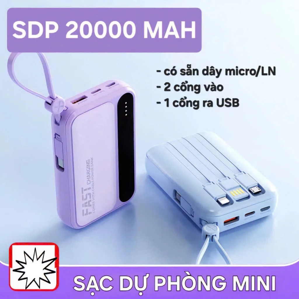 Pin sạc dự phòng 20000mAh nhiều cổng sạc tương thích nhiều thiết bị TYPE C/USB nhỏ gọn tiện lợi