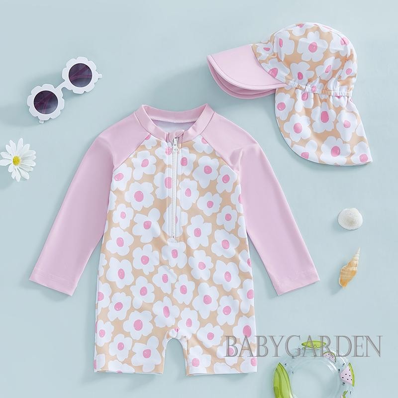 / / - [Đồ bơi dài tay bé gái 3 tháng-4 tuổi có mũ] Bộ đồ tắm bảo vệ phát ban có dây kéo nửa dây kéo không đóng cọc