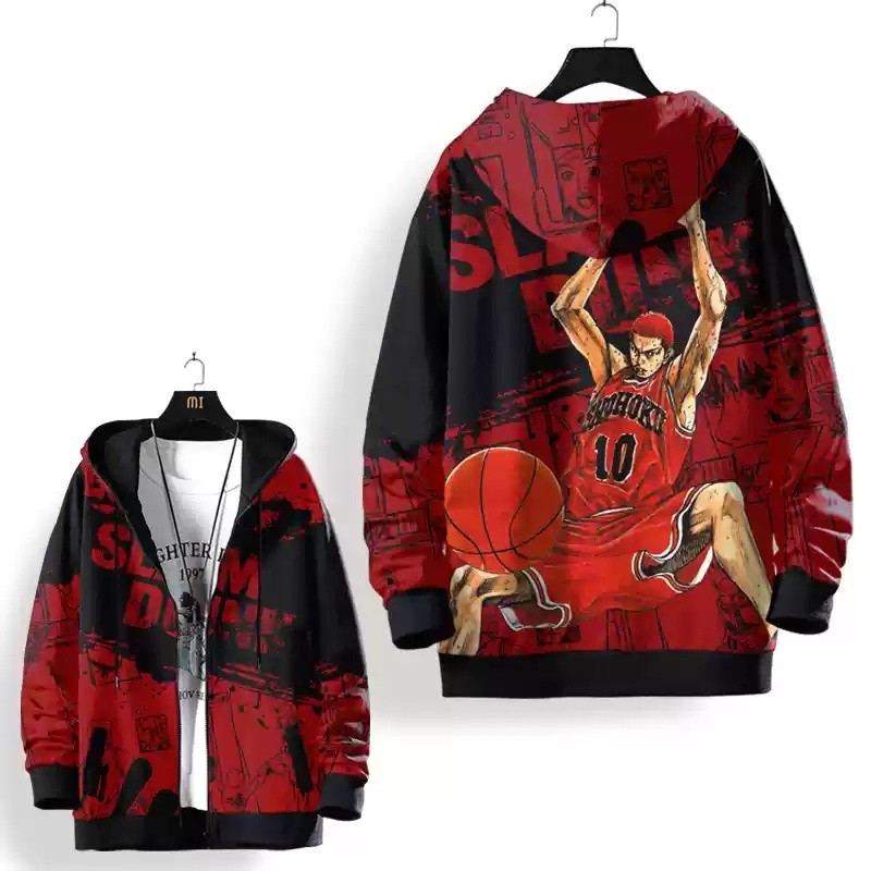 Áo khoác unisex Slam Dunk có khóa kéo, thiết kế nhân vật chính Rukawa và Sakuragi