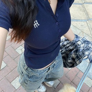 Áo kiểu babytee croptop nữ 6 cúc tôn dáng màu xanh than RN