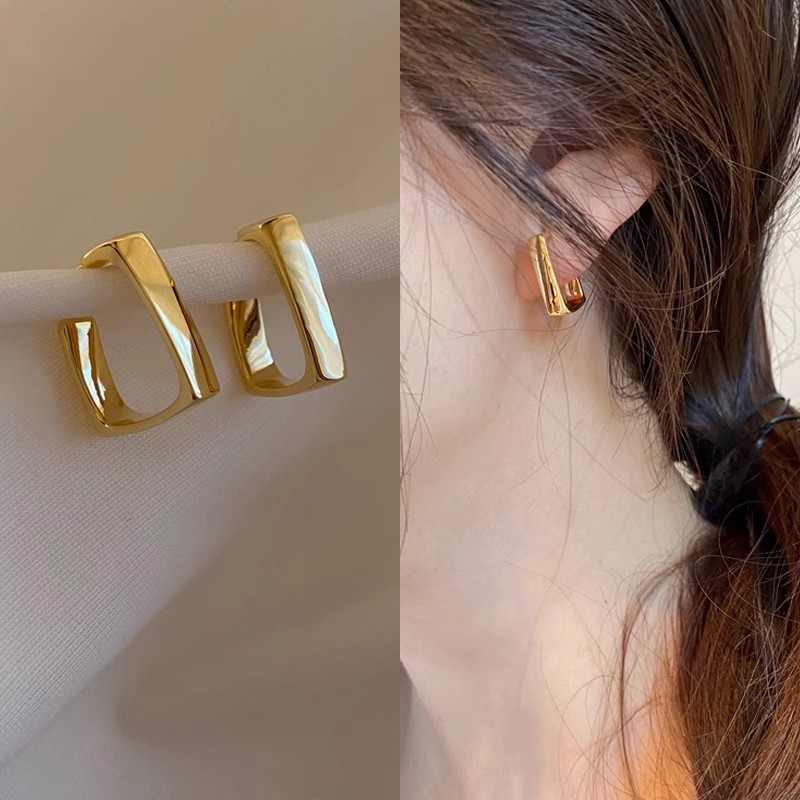 Bông tai hình vuông rỗng thiết kế tối giản, trang sức hàng ngày