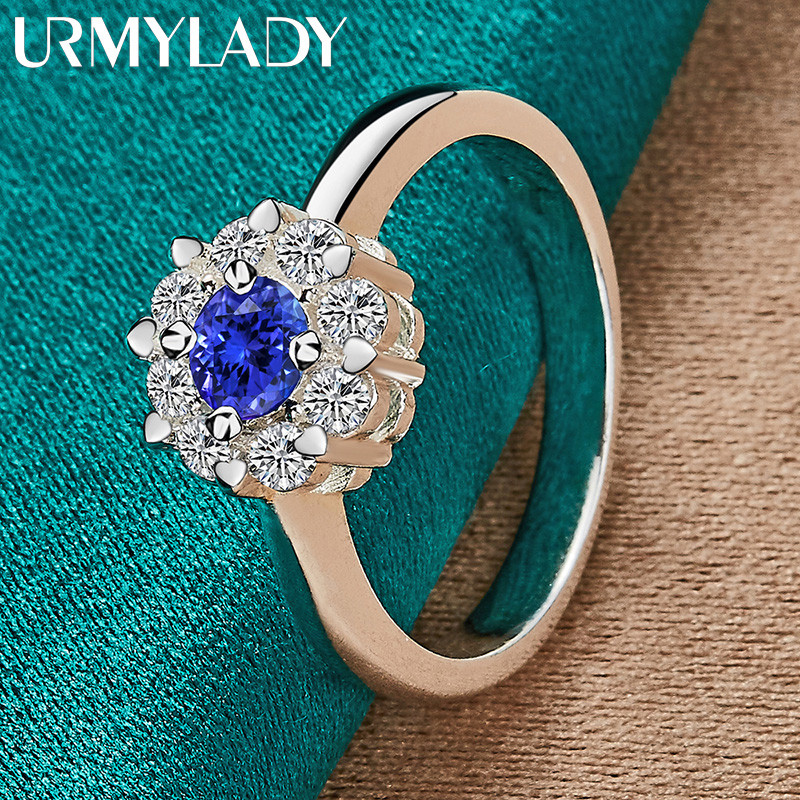 URMYLADY Bạc 925 Hoa Xanh Zircon 7-10 # Nhẫn Nữ Tiệc Cưới Trang Sức Thời Trang