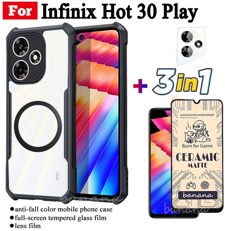 Ốp điện thoại chống sốc 3 trong 1 Infinix Hot 30 Play có nhãn dán sạc không dây từ tính cho Infinix Hot 30 4G Hot 30i 40i 40 Pro Bảo vệ toàn diện Kính cường lực + Phim ống kính