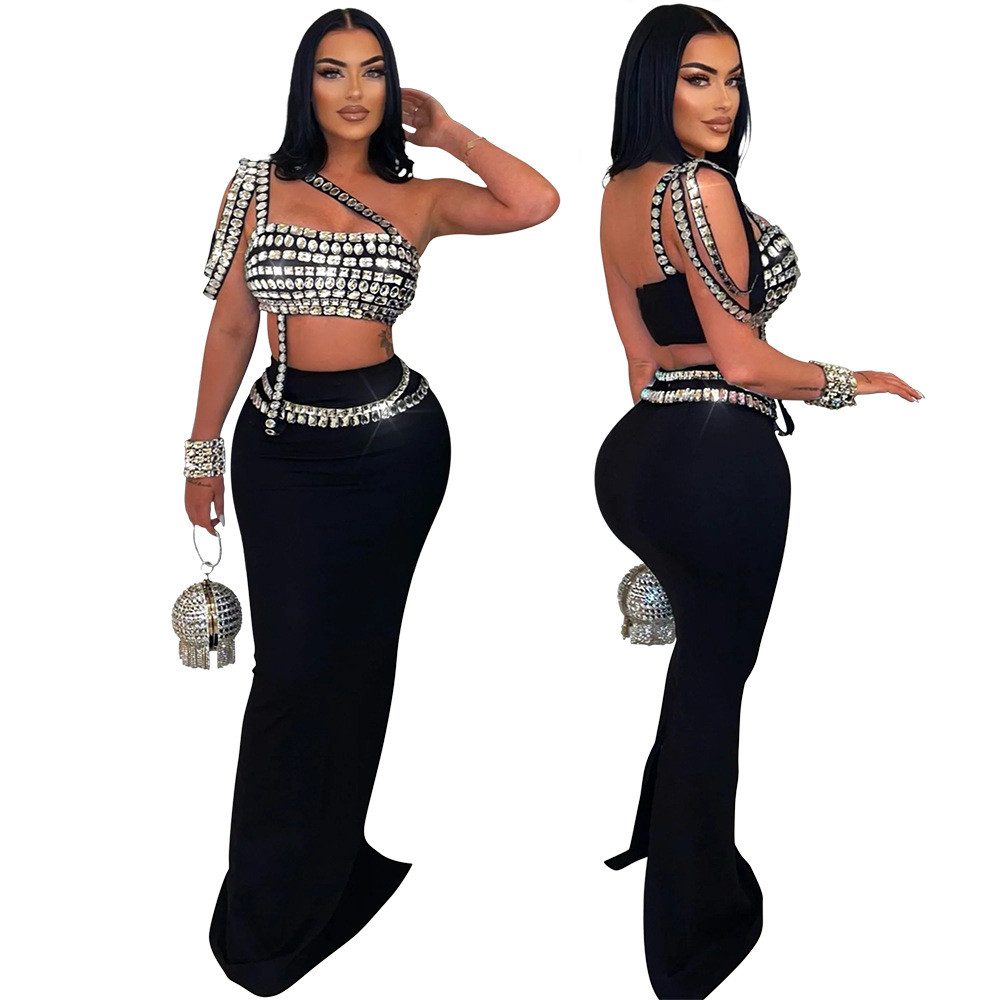 Oksmartlove Bán chạy Ngoại thương Phong cách mới Thời trang Sling Phong cách ngắn Hot Diamond Top với Váy hông vừa vặn