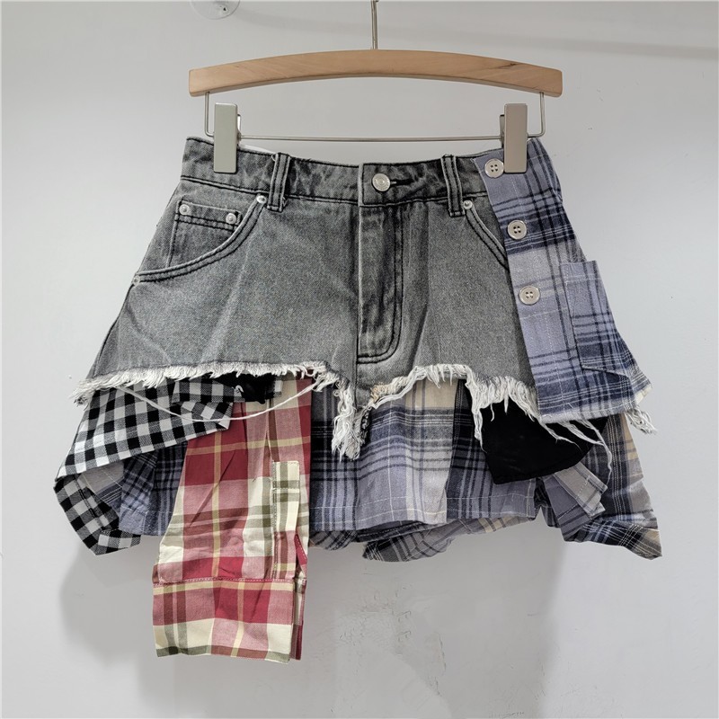 Oksmartlove Thời Trang Phong Cách Mỹ Thiết Kế Giải Cấu Trúc Độc Đáo Váy Denim Nữ Mùa Hè Phong Cách Mới Kẻ Sọc Không Đều Khâu Váy Eo Cao Hàng Có Sẵn